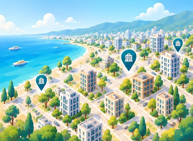 Illustrated coastal city with map pins marking apartment buildings
