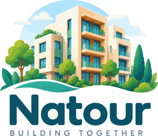 Natour logo: a sunny apartment building among trees, above the words Building together